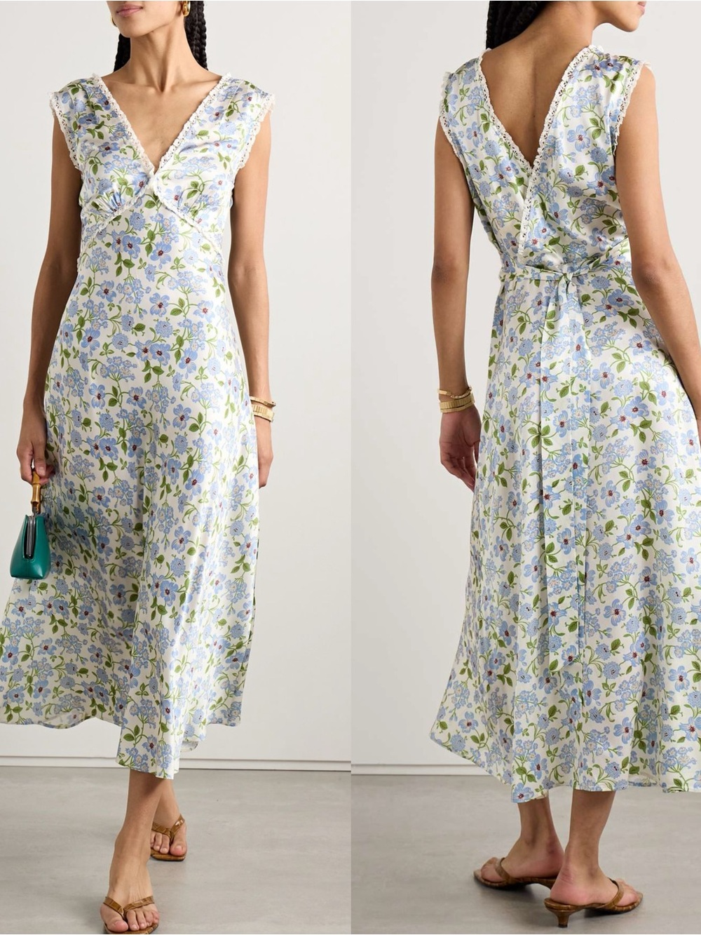 DÔEN Tahlia Ivory Strawberry Moon Floral Lace Trim Silk Midi Dress Size M